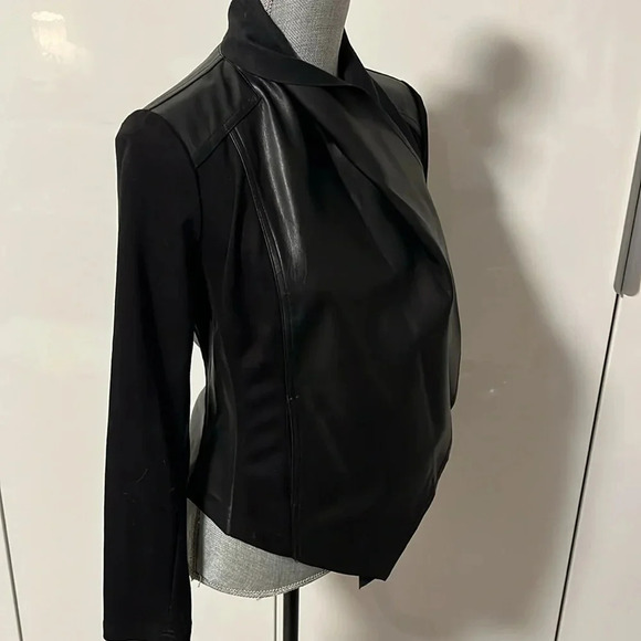 Drape Front Faux Leather Open Jacket Pockets, Size M - Picture 8 of 13